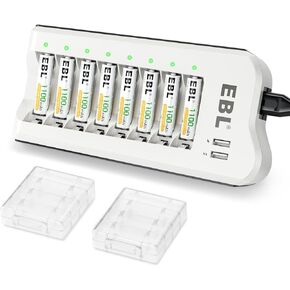 EBL 1100mAh NiMH AAA Rechargeable Batteries (16 Pack) and Rechargeable AA AAA Battery Charger with 2 USB Charging Ports
