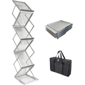 7-Pocket Foldable Aluminum Magazine Rack with Carrying Bag, Portable Pop-up Display Stand for Trade Shows, Office, and Retail Store Use, A4 Size