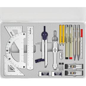 Nicpro 20PCS Professional Geometry Set with Case, Drafting Tools with Protractor and Compass, Metal Rulers, Triangles, Pens, Pencils, Drawing Supplies, Drafting Kit for Architect Engineer Students