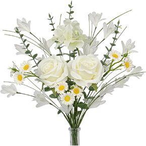 White Artificial Flowers 16 Pcs Silk Flower Arrangements for Table Centerpiece 5 Kinds Mixed Faux Flower Stems with Eucalyptus Leaves, Rose and Daisy