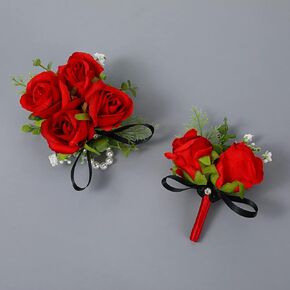 2 Pcs Boutonniere Wrist Corsage Set Artificial Rose Wine Red Corsage Wristband Boutonniere Flower Decor Wrist Corsage for Men Women Bride Bridesmaids Wedding Accessories Prom Suit Decor