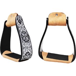 CHALLENGER Horse 5" Black Aluminum Engraved Slanted Offset Western Horse Saddle Stirrups 51220