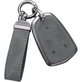 YO&YOYE Compatible with Cadillac Key Fob Cover with Keychain Leather Key Case Protector for Cadillac CT5, CT6, CTS, XT6 Remote Start (Model2, Brown)