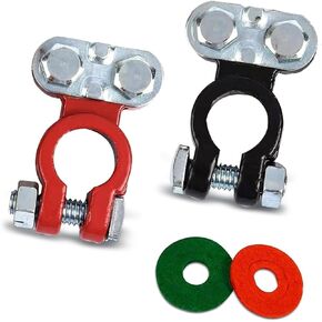 Pack-2 Car Power Post Terminal Clip, Cable Top Terminal Connector with 2 Felt Washers, Red Positive and Black Negative Poles Pure Copper Power Clip, Universal for Car Accessories (Silver)