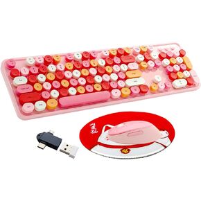 Wireless Keyboard and Mouse Combo, Ergonomic Cute Retro Typewriter Full Size Colorful USB Cordless Keyboard Mouse Set for Gaming and Office (Blue)