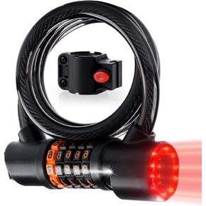 كابل قفل الدراجة من Chemini مزود بإضاءة خلفية للدراجة، قفل رقمي بطول 4 أقدام مع دعامة تثبيت للدراجات النارية والدراجات البخارية (أسود، عبوة واحدة) in Kuwait