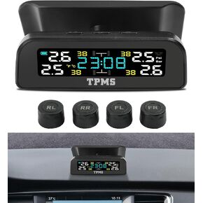 Tire Pressure Monitoring System,Car Accessories Wireless Solar Tpms Sensor,Tire Pressure Monitor Sensor with 4 External Sensors,Real-time Display Temperature Pressure 22-87 PSI for Car RV SUV