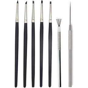 COMIART Artist Sculptural Supplies Tools Set,5pcs Size 0 Silicone Color Shaper Painting Brushes +1pcs Professional Detail Needle +1pcs Feather Wire Texture Metal Brushes