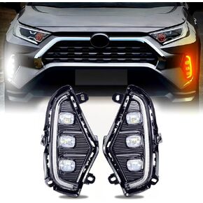 مصابيح LED للجري النهاري تناسب مجموعة مصابيح الضباب Toyota RAV4 2019-2021، مجموعة مصابيح الضباب Rav4 البديلة مع مصابيح إشارة الانعطاف الكهرماني DRL، 3 مصابيح نهارية Rav4 عيون مع إطار (زوج واحد)