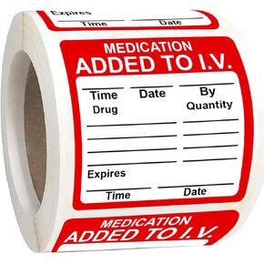 2 Inch Fluorescent Red Rectangle Medication Added to I.V. Veterinary Labels 500 Adhesive Stickers