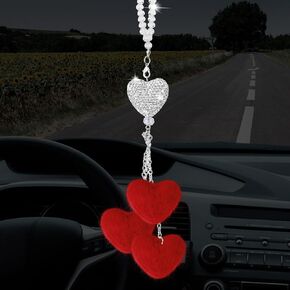 Frienda Bling Heart Diamond Car Accessories for Women, Crystal Car Rear View Mirror Charms Car Decoration Valentine's Day Gifts Lucky Hanging Interior Ornament Pendant(Classic Red, 9.8 Inch)