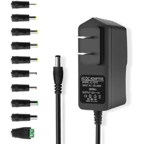 DC 12V 1A Power Supply 12W AC/DC Adapter 100-240V 50-60Hz AC to DC Converter 12 Volt 1 Amp Transformer with 10 Sizes of Tips for LED Strip Light CCTV Camera Speakers etc