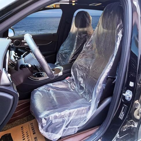 50 PCS Disposable Car Seat Cover, Steering Wheel Handbrake Transmission Seats Plastic Four-Piece Set, Dust-Proof and Anti-wear Protection, Universal for Most Cars Airplane (Transparent) in Kuwait
