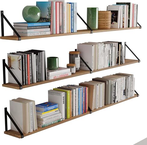 Wallniture Bora 60 بوصة × 6 بوصة أرفف عائمة ريفية لتخزين الحائط، رف الكتب الجداري، أرفف الحائط لغرفة النوم والمكتب والمطبخ مجموعة من 3 أرفف حائط، محروق، خشب in Saudi Arabia