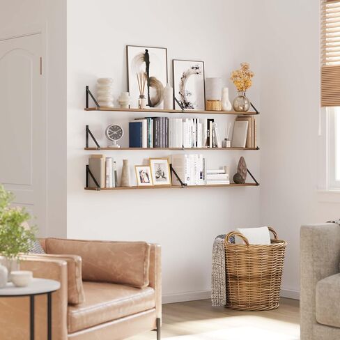 Wallniture Bora 60 بوصة × 6 بوصة أرفف عائمة ريفية لتخزين الحائط، رف الكتب الجداري، أرفف الحائط لغرفة النوم والمكتب والمطبخ مجموعة من 3 أرفف حائط، محروق، خشب in Saudi Arabia