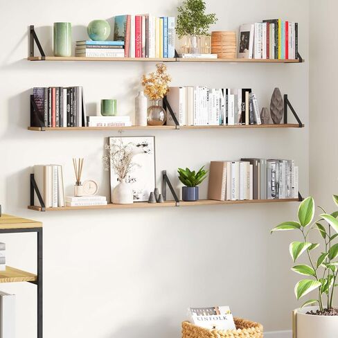 Wallniture Bora 60 بوصة × 6 بوصة أرفف عائمة ريفية لتخزين الحائط، رف الكتب الجداري، أرفف الحائط لغرفة النوم والمكتب والمطبخ مجموعة من 3 أرفف حائط، محروق، خشب in Saudi Arabia