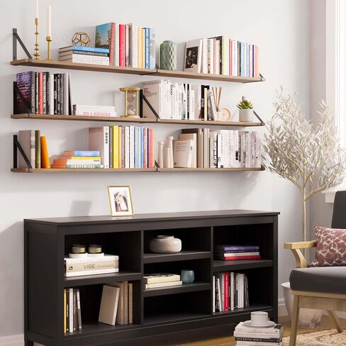 Wallniture Bora 60 بوصة × 6 بوصة أرفف عائمة ريفية لتخزين الحائط، رف الكتب الجداري، أرفف الحائط لغرفة النوم والمكتب والمطبخ مجموعة من 3 أرفف حائط، محروق، خشب in Saudi Arabia