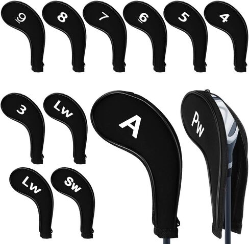 WIOR Golf Club Head Covers, 12Pcs Neoprene Zippered Golf Wedge Iron Covers with Large Number Tags & Long Neck, Protective Mesh Golf Iron Head Covers for Men Women, Fit for Most Standard Irons (Black) in Kuwait