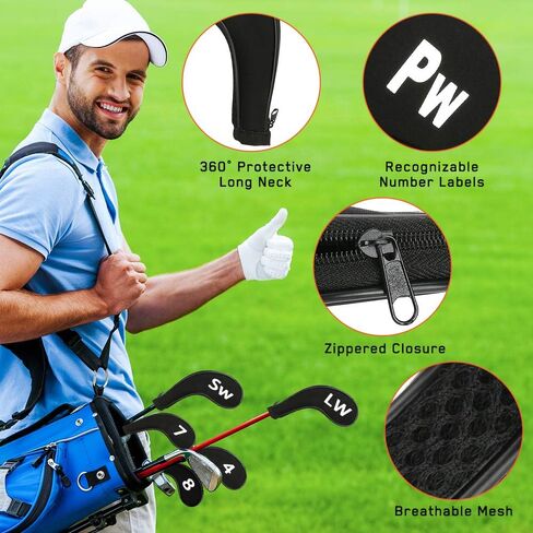 WIOR Golf Club Head Covers, 12Pcs Neoprene Zippered Golf Wedge Iron Covers with Large Number Tags & Long Neck, Protective Mesh Golf Iron Head Covers for Men Women, Fit for Most Standard Irons (Black) in Kuwait