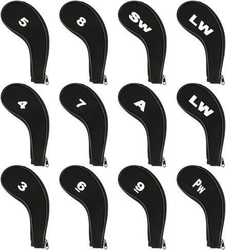 WIOR Golf Club Head Covers, 12Pcs Neoprene Zippered Golf Wedge Iron Covers with Large Number Tags & Long Neck, Protective Mesh Golf Iron Head Covers for Men Women, Fit for Most Standard Irons (Black) in Kuwait