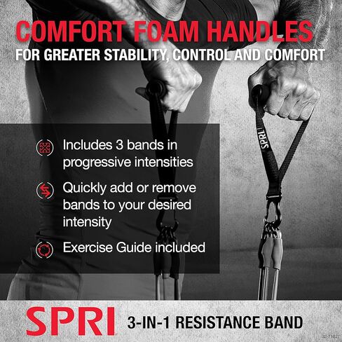 طقم حزام المقاومة SPRI سلك تمرين 3 في 1 | أربطة سهلة التركيب، مقابض إسفنجية مريحة، دليل التمرين متضمن in Kuwait