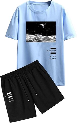 OYOANGLE Men's 2 Piece Outfits Letter Moon Print Short Sleeve Fit Blouse Shirt and Drawstring Pocket Shorts Sets in Saudi Arabia