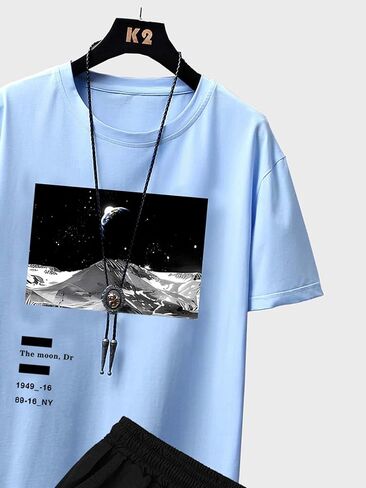 OYOANGLE Men's 2 Piece Outfits Letter Moon Print Short Sleeve Fit Blouse Shirt and Drawstring Pocket Shorts Sets in Saudi Arabia