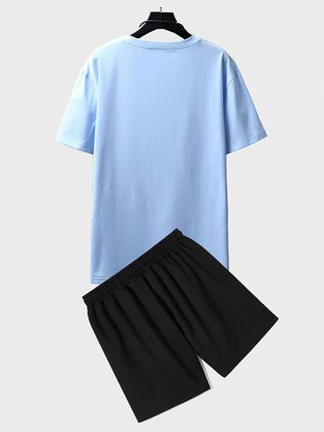 OYOANGLE Men's 2 Piece Outfits Letter Moon Print Short Sleeve Fit Blouse Shirt and Drawstring Pocket Shorts Sets in Saudi Arabia