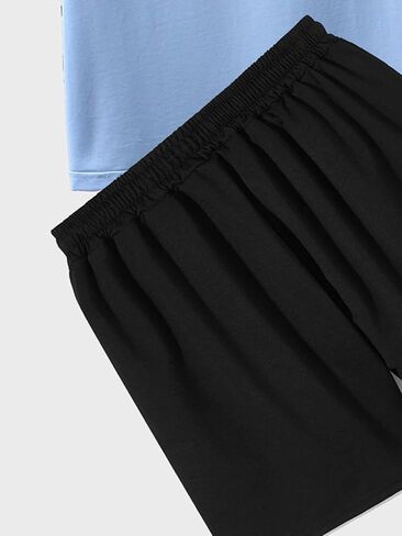 OYOANGLE Men's 2 Piece Outfits Letter Moon Print Short Sleeve Fit Blouse Shirt and Drawstring Pocket Shorts Sets in Saudi Arabia