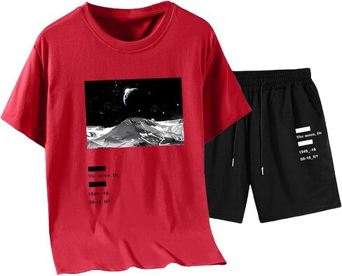 OYOANGLE Men's 2 Piece Outfits Letter Moon Print Short Sleeve Fit Blouse Shirt and Drawstring Pocket Shorts Sets in Saudi Arabia