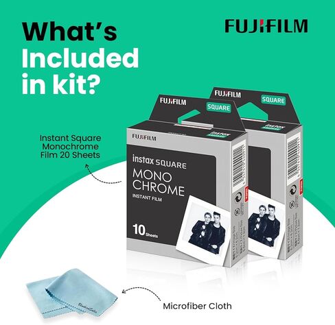 Fujifilm Instant Square Monochrome Film 20 Sheets + BluebirdSales Microfiber Cleaning Cloth for Instant Photography in Kuwait