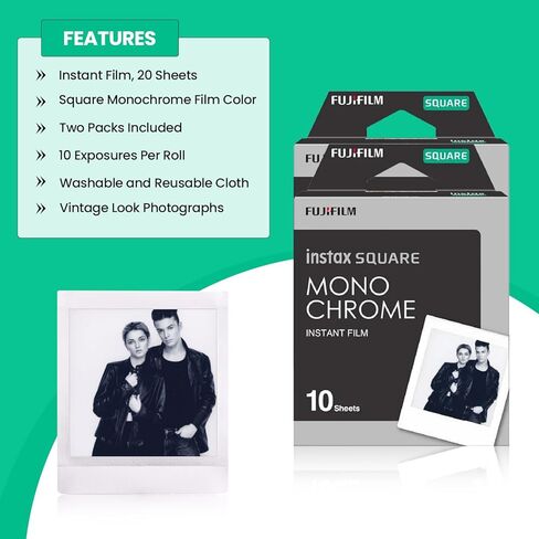 Fujifilm Instant Square Monochrome Film 20 Sheets + BluebirdSales Microfiber Cleaning Cloth for Instant Photography in Kuwait