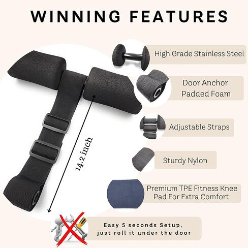 Nordic Hamstring Curl Strap with Knee Pad - Premium Comfort, Adjustable, Easy to Use Ab Workout, Glute, Leg Exercise, Strength Training, Sit-up, Spanish Squats, Sturdy & Quick Setup Home Gym Equipment in Saudi Arabia