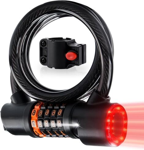 كابل قفل الدراجة من Chemini مزود بإضاءة خلفية للدراجة، قفل رقمي بطول 4 أقدام مع دعامة تثبيت للدراجات النارية والدراجات البخارية (أسود، عبوة واحدة) in Kuwait