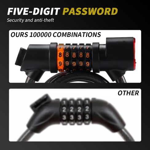 كابل قفل الدراجة من Chemini مزود بإضاءة خلفية للدراجة، قفل رقمي بطول 4 أقدام مع دعامة تثبيت للدراجات النارية والدراجات البخارية (أسود، عبوة واحدة) in Kuwait