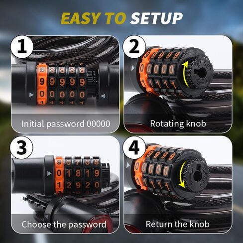 كابل قفل الدراجة من Chemini مزود بإضاءة خلفية للدراجة، قفل رقمي بطول 4 أقدام مع دعامة تثبيت للدراجات النارية والدراجات البخارية (أسود، عبوة واحدة) in Kuwait