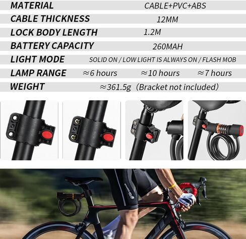 كابل قفل الدراجة من Chemini مزود بإضاءة خلفية للدراجة، قفل رقمي بطول 4 أقدام مع دعامة تثبيت للدراجات النارية والدراجات البخارية (أسود، عبوة واحدة) in Kuwait