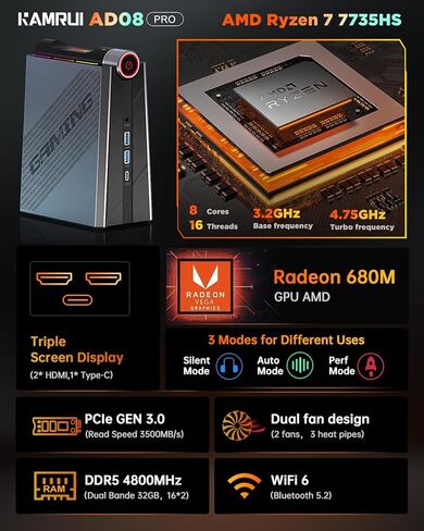 كمبيوتر KAMRUI Mini Gaming PC، AMD Ryzen 7 7735HS (يصل إلى 4.75 جيجا هرتز) ذاكرة الوصول العشوائي 32 جيجا بايت ثنائي القناة 512 جيجا NVME SSD، كمبيوتر صغير مكتبي للألعاب AMR5 3 أوضاع تبديل PERF، ضوء RGB، 4K UHD، نوع C، WiFi6/BT5.2 in Kuwait