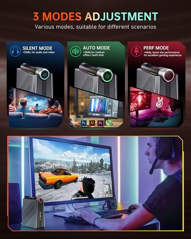 كمبيوتر KAMRUI Mini Gaming PC، AMD Ryzen 7 7735HS (يصل إلى 4.75 جيجا هرتز) ذاكرة الوصول العشوائي 32 جيجا بايت ثنائي القناة 512 جيجا NVME SSD، كمبيوتر صغير مكتبي للألعاب AMR5 3 أوضاع تبديل PERF، ضوء RGB، 4K UHD، نوع C، WiFi6/BT5.2 in Kuwait