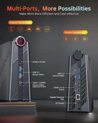 كمبيوتر KAMRUI Mini Gaming PC، AMD Ryzen 7 7735HS (يصل إلى 4.75 جيجا هرتز) ذاكرة الوصول العشوائي 32 جيجا بايت ثنائي القناة 512 جيجا NVME SSD، كمبيوتر صغير مكتبي للألعاب AMR5 3 أوضاع تبديل PERF، ضوء RGB، 4K UHD، نوع C، WiFi6/BT5.2 in Kuwait