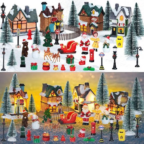 Hoteam 48 Pieces Light up Christmas Village Houses Set Christmas Village Figurines Accessories LED Xmas Town Scene Display Miniature Resin Christmas Ornaments for Holiday Party in Saudi Arabia