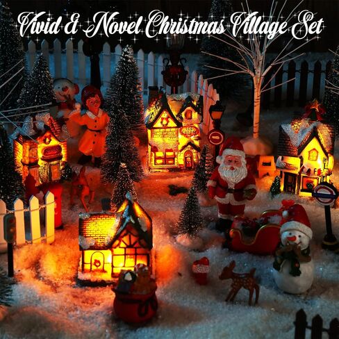 Hoteam 48 Pieces Light up Christmas Village Houses Set Christmas Village Figurines Accessories LED Xmas Town Scene Display Miniature Resin Christmas Ornaments for Holiday Party in Saudi Arabia