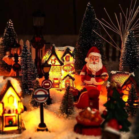 Hoteam 48 Pieces Light up Christmas Village Houses Set Christmas Village Figurines Accessories LED Xmas Town Scene Display Miniature Resin Christmas Ornaments for Holiday Party in Saudi Arabia