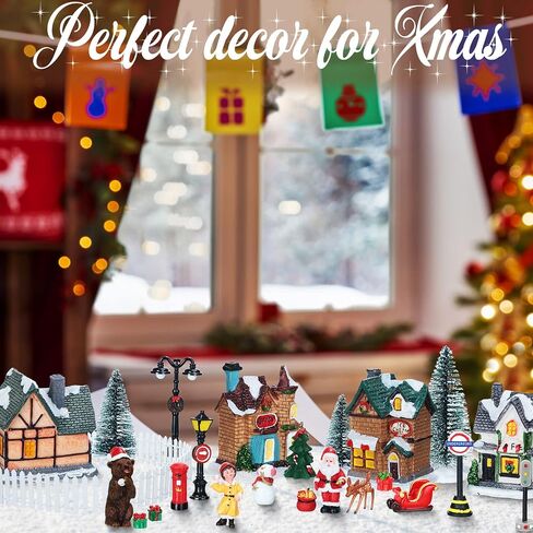 Hoteam 48 Pieces Light up Christmas Village Houses Set Christmas Village Figurines Accessories LED Xmas Town Scene Display Miniature Resin Christmas Ornaments for Holiday Party in Saudi Arabia
