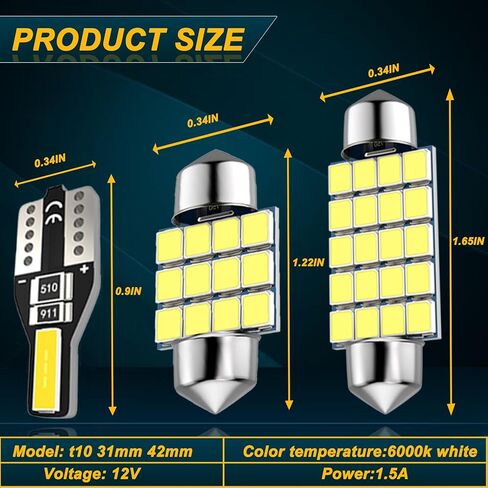 24 قطعة مجموعة مصابيح السيارة الداخلية T10 31 مم 42 مم مصابيح LED داخلية فائقة السطوع 194 De3175 578 مصابيح بديلة داخلية لخريطة السيارة باللون الأبيض in Kuwait