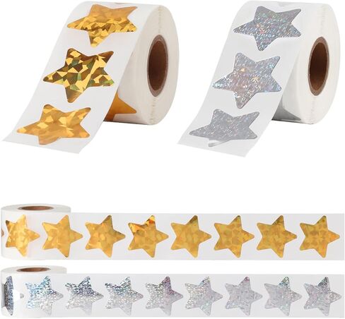 1000pcs Holographic Star Stickers Labels,1.5 inch Large 500 Pcs Glitter Star per Roll,Gold and Sliver Star Stickers Fit Wedding/Crafts/Birthday Party/Teaching Reward/Wall Decorations-2 Rolls in Saudi Arabia