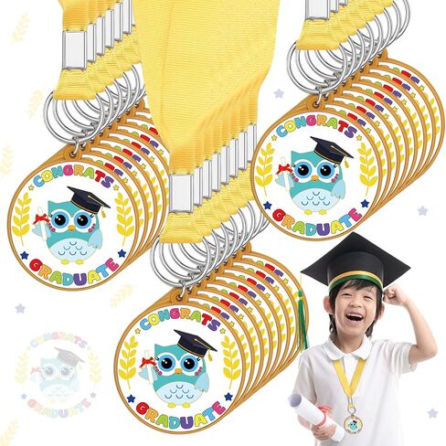 24 Pcs Kindergarten Graduation Medals Congrats Kids Graduation Owl Medal Graduation Award with Yellow Neck Ribbon Preschool Graduation Medals for Students Graduation Party Favors Supplies in Saudi Arabia