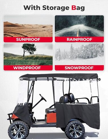 حاوية عربة الجولف KEMIMOTO 600D، سقف ممتد لـ 4 ركاب يصل إلى 89 بوصة متوافق مع EZGO، سيارة النادي السابقة/إلى الأمام/الإيقاع، غطاء مطر مقاوم للماء عالي التحمل مع نافذة PVC مضادة للتجاعيد in Kuwait