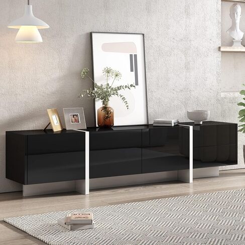 Modern Contemporary Rectangle Design Cabinet Stand with High Gloss UV Surface, Unique Style Console Table for TVs Up to 8'', for Living Room, Black in Saudi Arabia