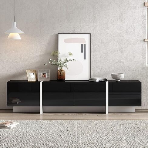 Modern Contemporary Rectangle Design Cabinet Stand with High Gloss UV Surface, Unique Style Console Table for TVs Up to 8'', for Living Room, Black in Saudi Arabia